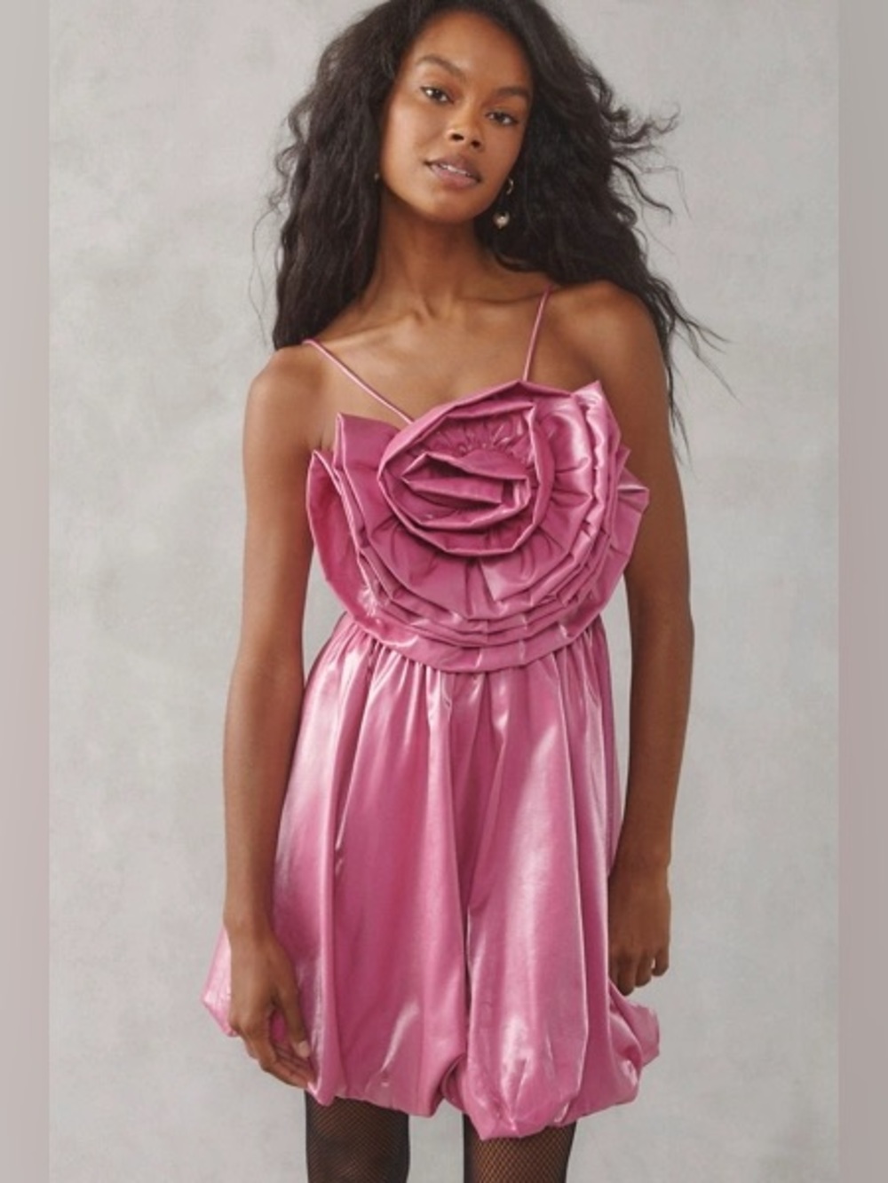 Sister Jane Sea Peony Satin Sleeveless Mini Dress Rosette Bubble Hem Pink M+ NEW